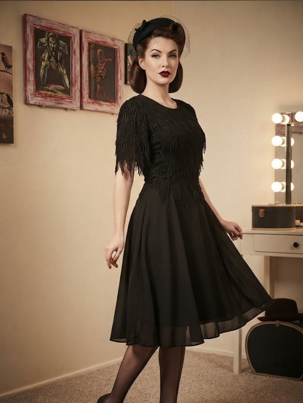 Vintage Black Midi Dress with Fringe Bodice